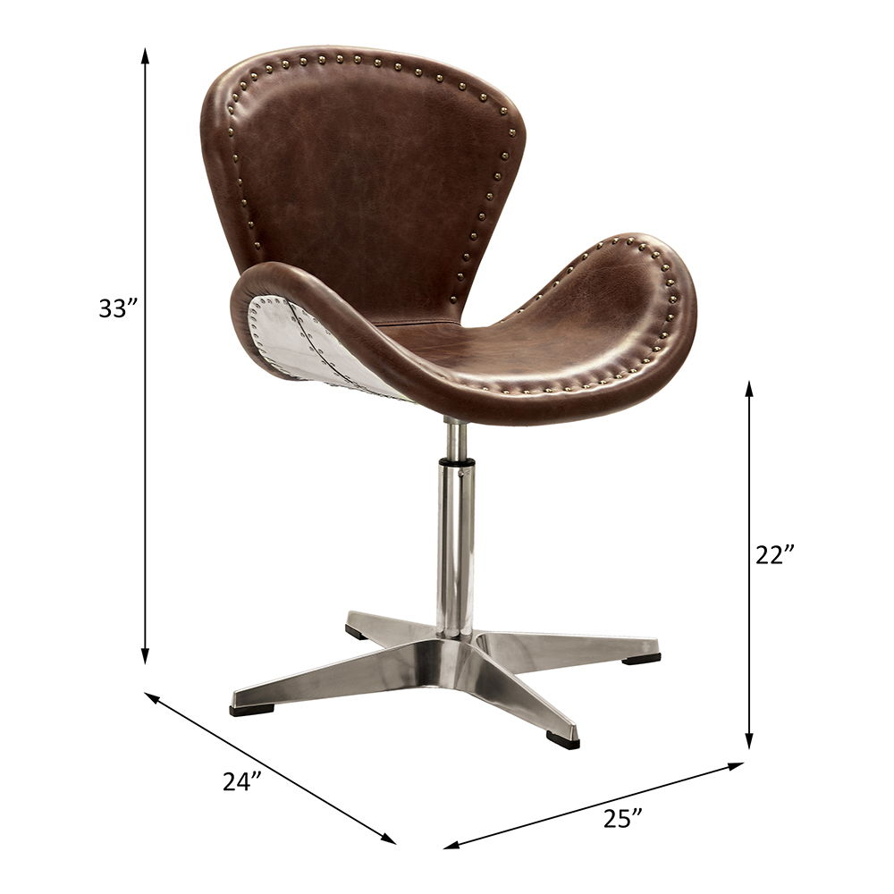 Brancaster - 33" Accent Chair With Swivel - Retro Brown Top Grain Leather & Aluminum