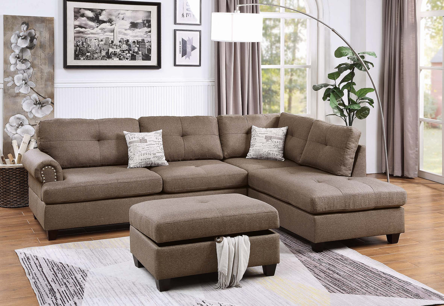 Brown Linen sectional w/ storage ottoman