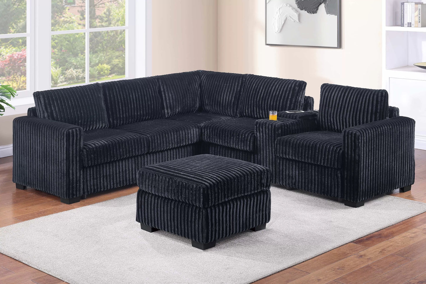 Black sectional w/ cupholder, console and ottoman