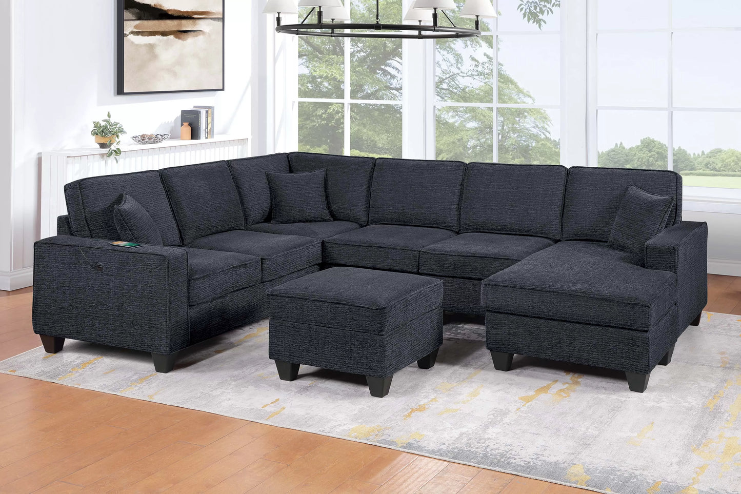 Black reversible chaise sectional and ottoman