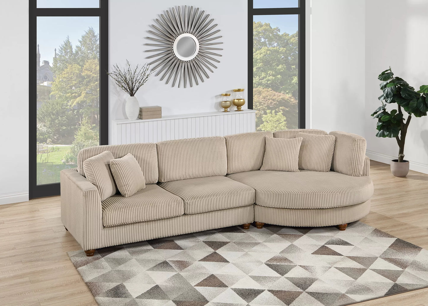 Tan sectional w/ rounded chaise